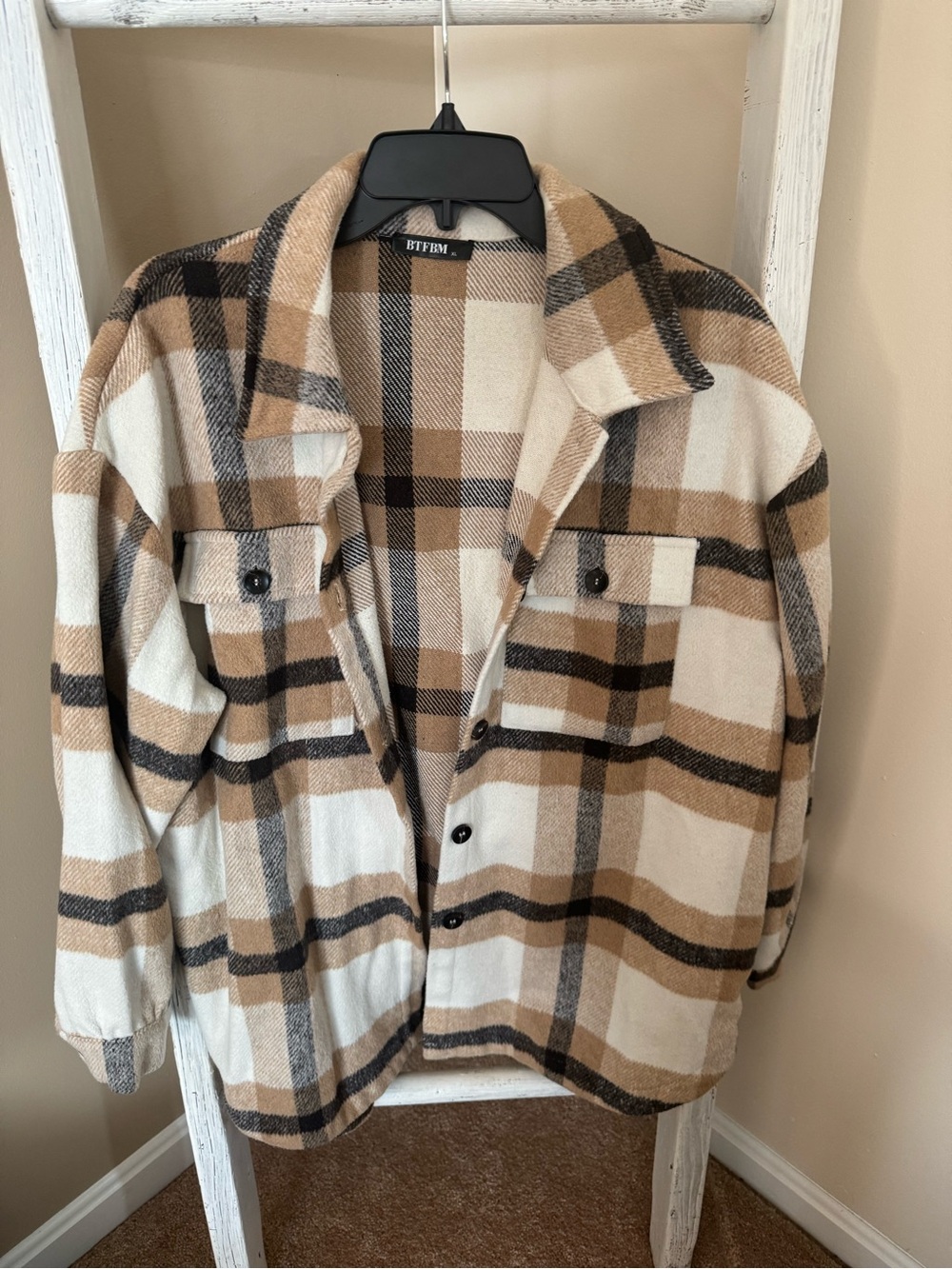 BTFBM Plaid Shacket in Beige, Cream & Black